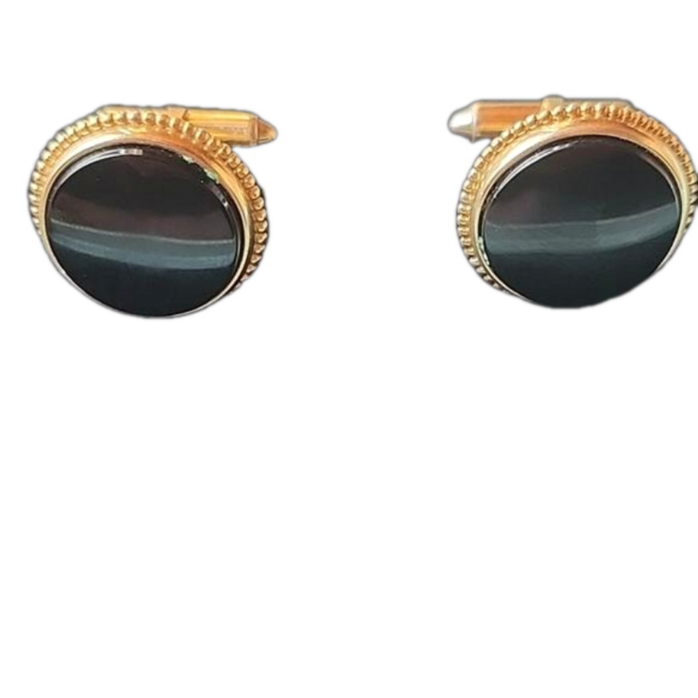 Vintage Krementz Gold Tone Cufflinks Black Banded Lucite Mid Century Men’s